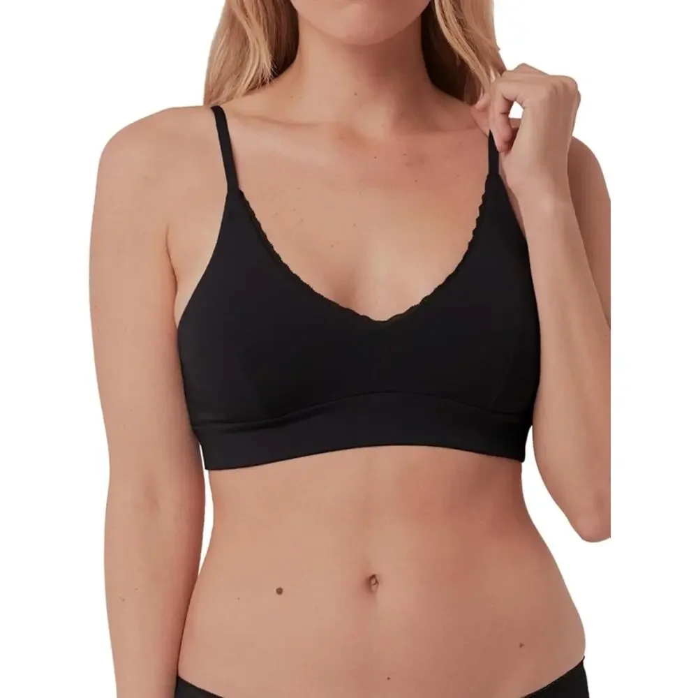 NWT Pact Sz S Black Organic Cotton Pretty Plunge Lace Trim Wireless Bralette - Picture 1 of 9